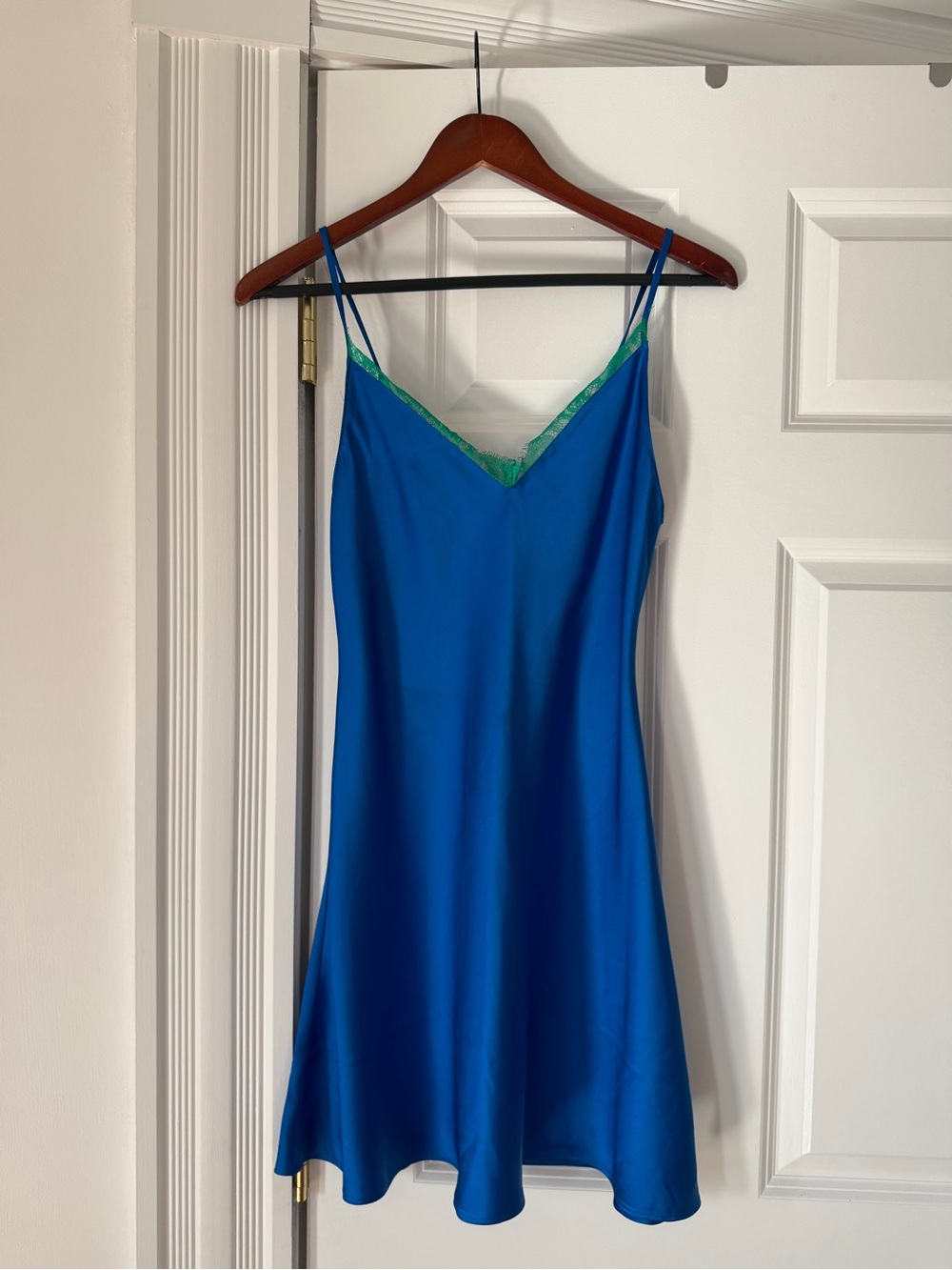Zara Blue Satin Slip with Green Lace Trim